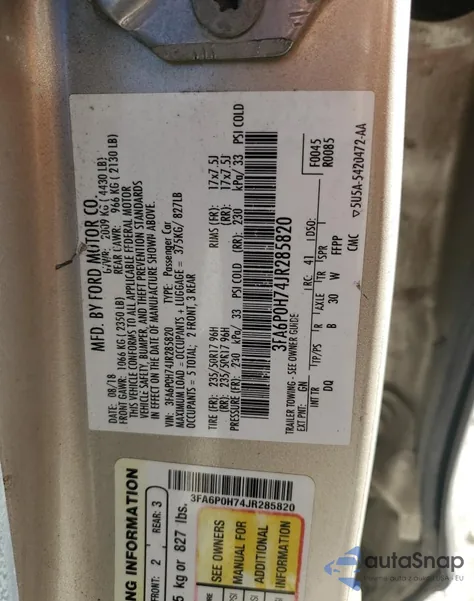 2018 Ford Fusion Se из США, поврежденный, VIN 3FA6P0H74JR285582